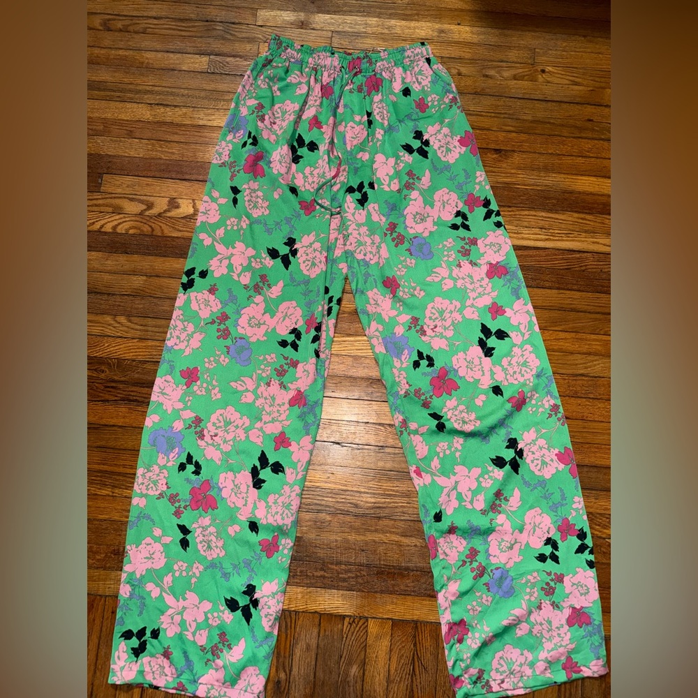NWT MISA Los Angeles Pants Green Floral Print Drawstring S Wide Leg Resort